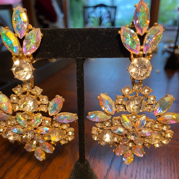 THELMA DEUTSCH EARRINGS: Large BOREALIS and Rhinestone dangle fabulous earrings - Picture 3 of 5